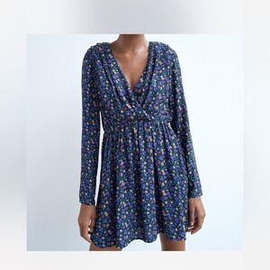 New Zara Floral Long Sleeve Dress Size Medium Color Blue